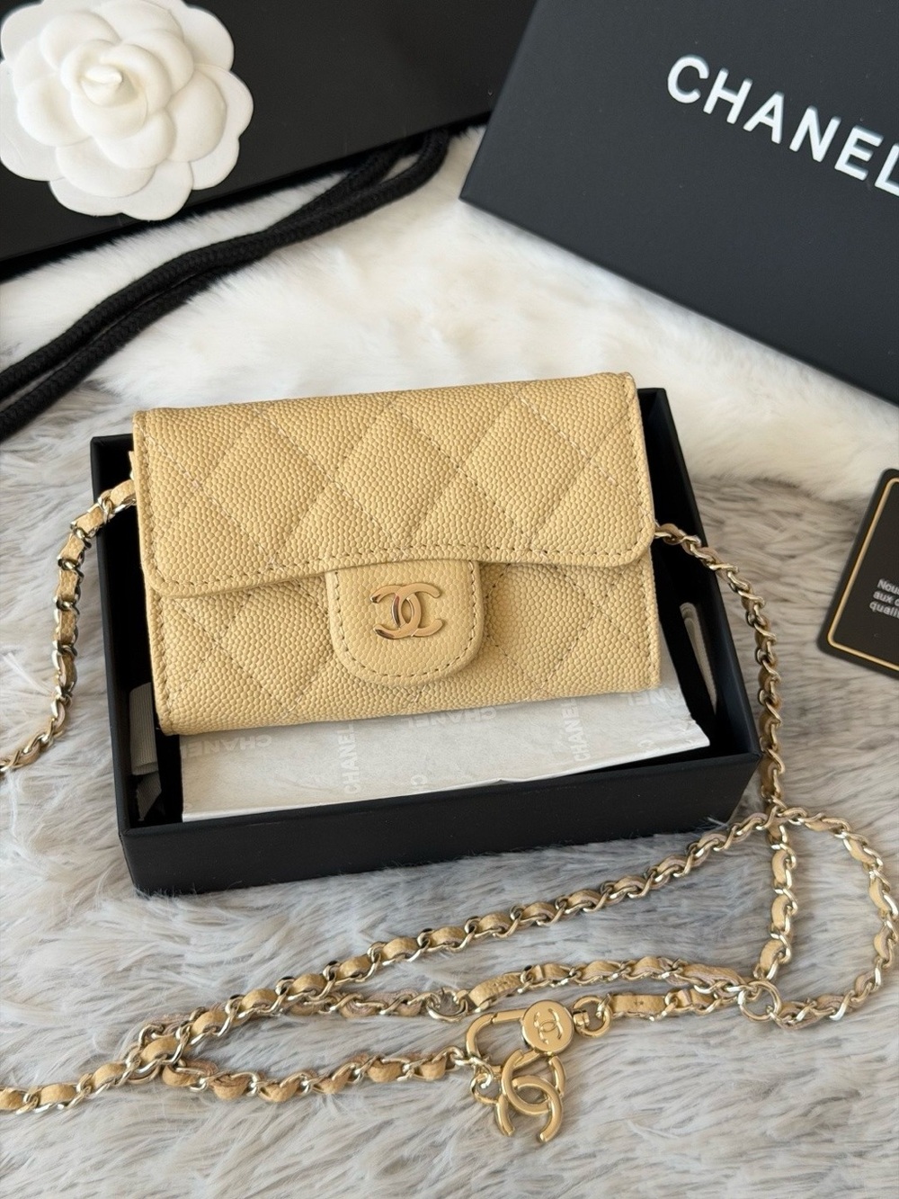 CHANEL Gold Quilted Caviar Leather Chain Crossbody Wallet